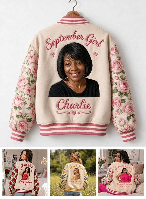 Personalized Middle-Aged Black Woman Floral Varsity Jacket Custom Portrait Gift