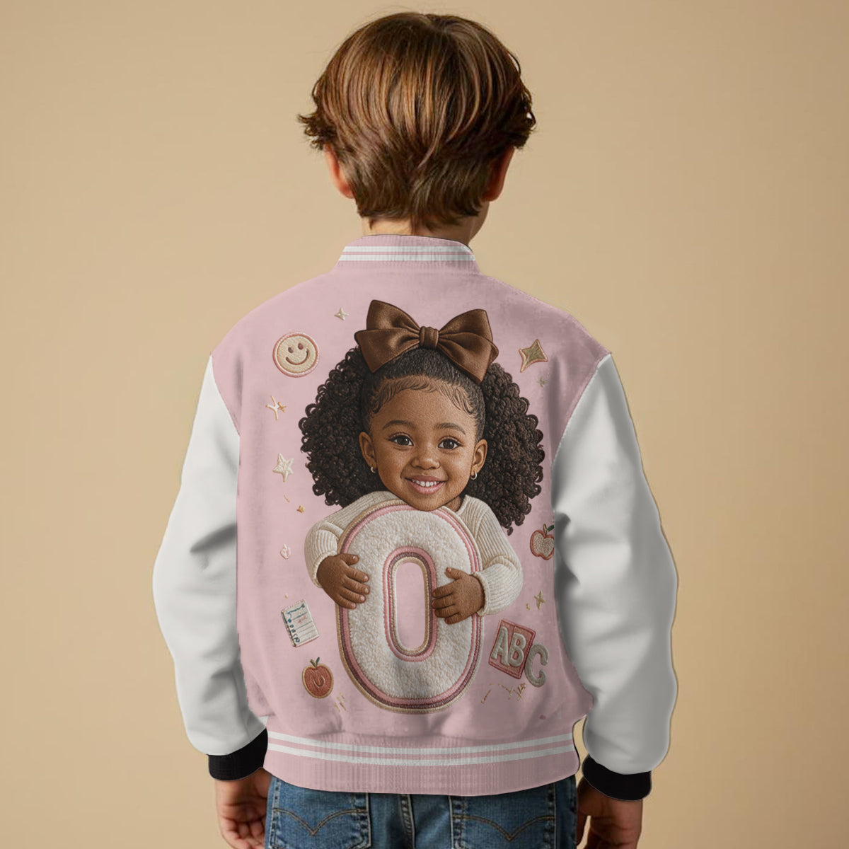 Personalized Black Little Boy Custom Alphabet Varsity Jacket, Kid Gift for Son Grandson