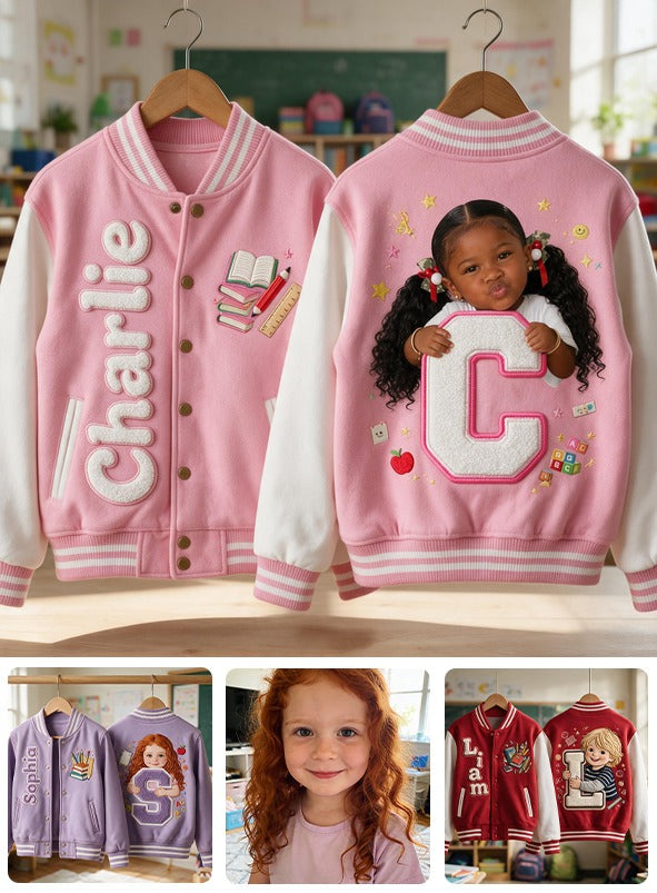 Personalized Black Little Girl Custom Name Varsity Jacket, Daughter Granddaughter Niece Gift