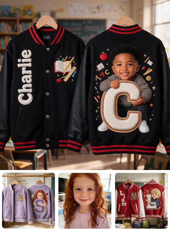 Personalized Black Little Boy Custom Alphabet Varsity Jacket, Kid Gift for Son Grandson