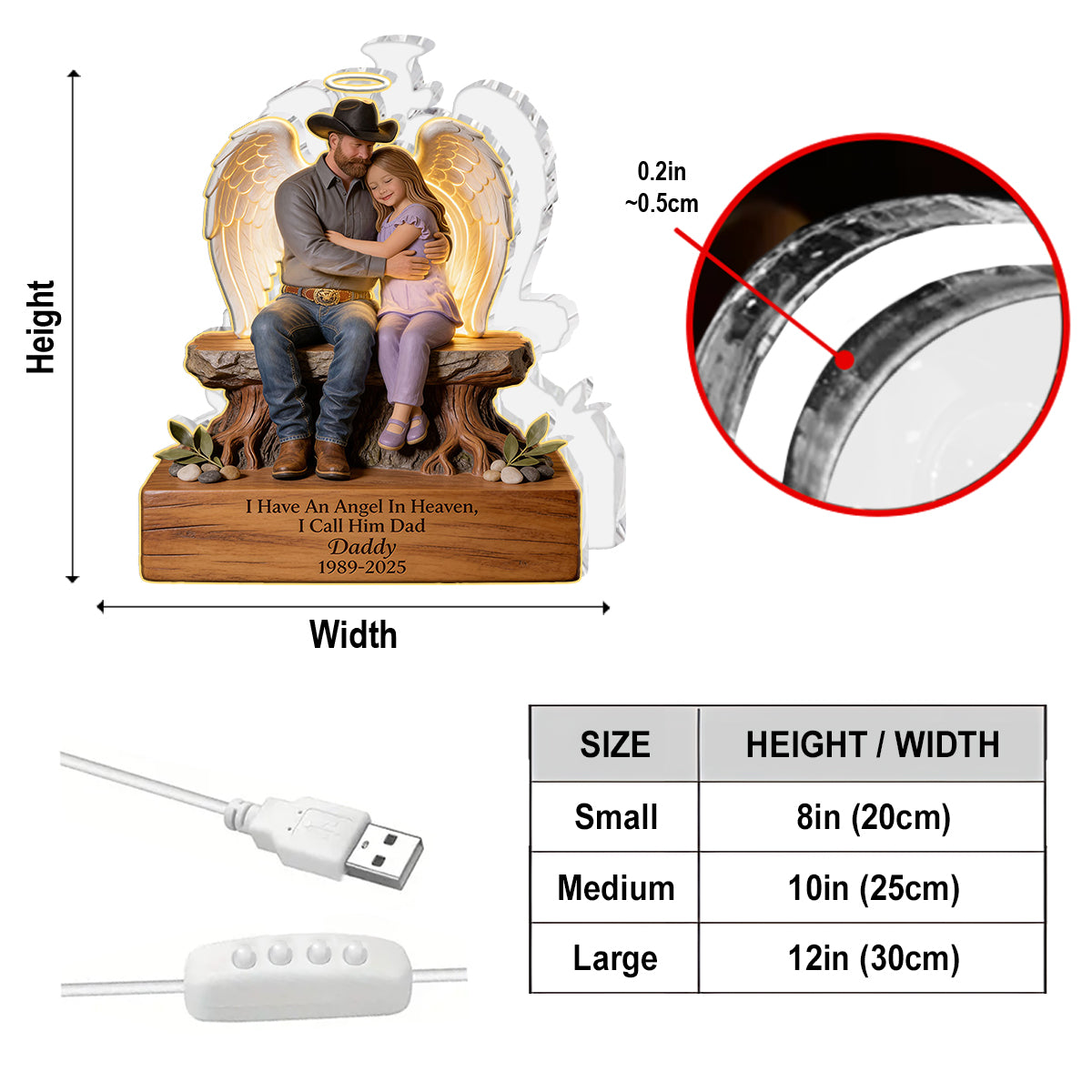 Personalized Memorial Older Latino Man 1956-2026 Acrylic LED Night Light