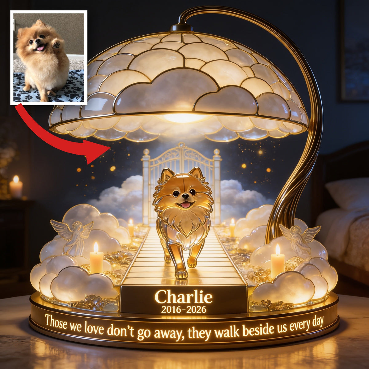 Personalized Golden Fluffy Pomeranian Memorial Acrylic LED Night Light Pet Keepsake