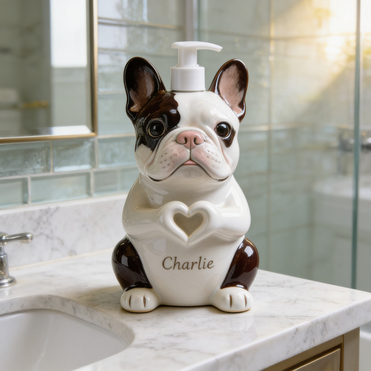 Personalized Black and White French Bulldog Soap Dispenser Bathroom Gift