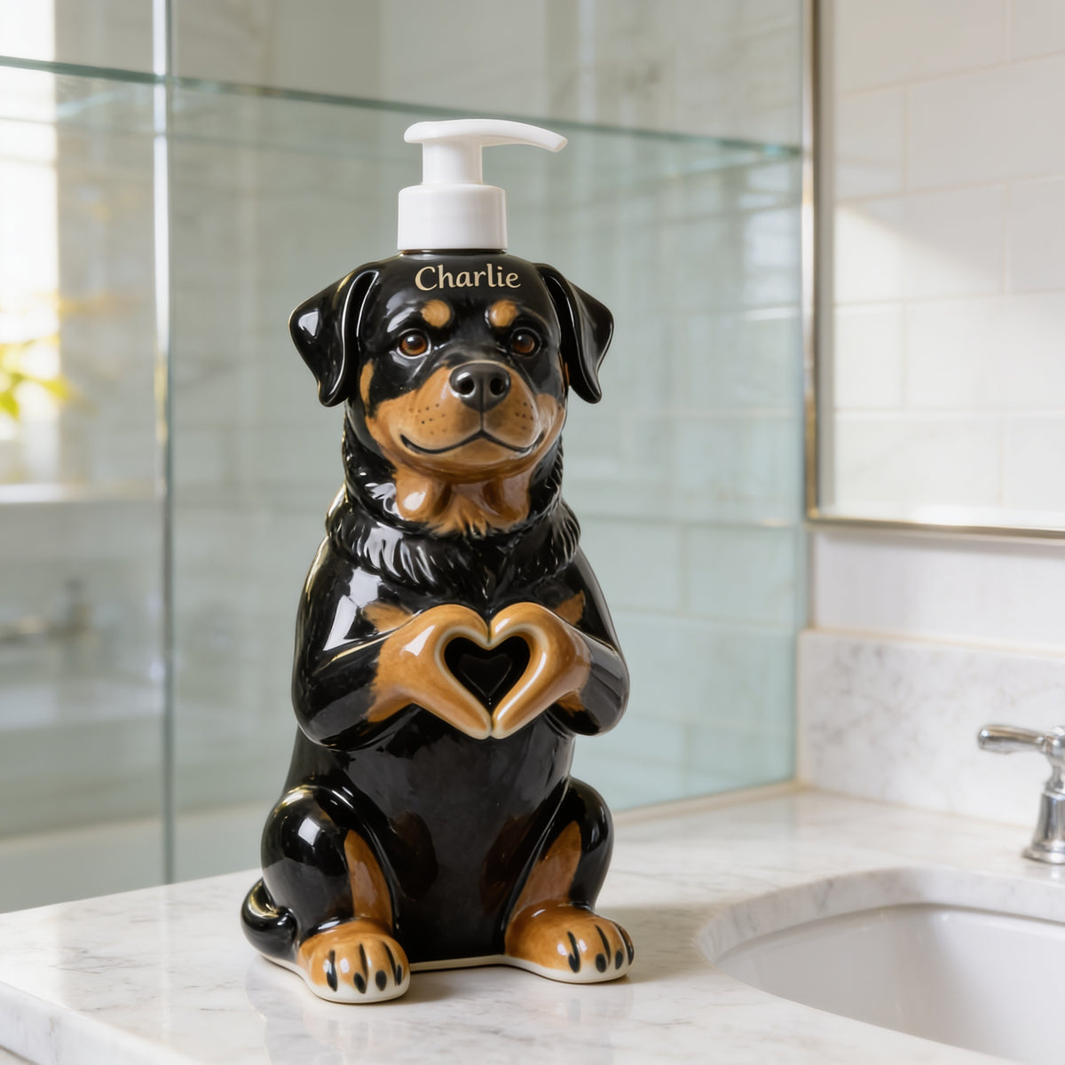 Personalized Adult Black and Tan Rottweiler Soap Dispenser Dog Lover Gift