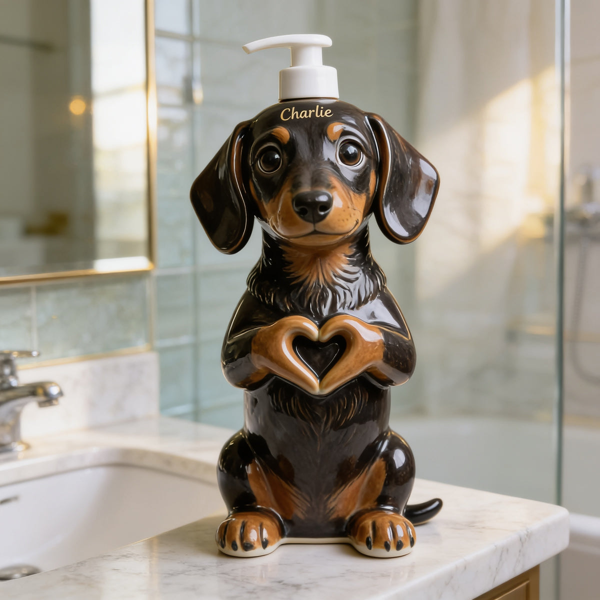 Personalized Black and Tan Dachshund Puppy Soap Dispenser Bathroom Gift