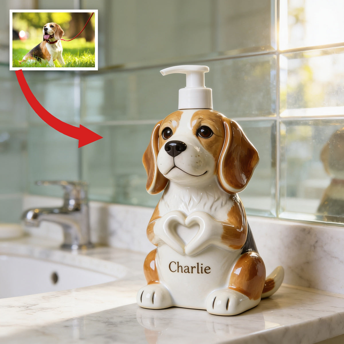 Personalized Adult Tricolor Beagle Soap Dispenser Dog Lover Bathroom Gift