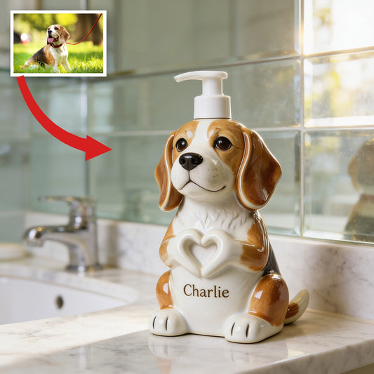 Personalized Adult Tricolor Beagle Soap Dispenser Dog Lover Bathroom Gift