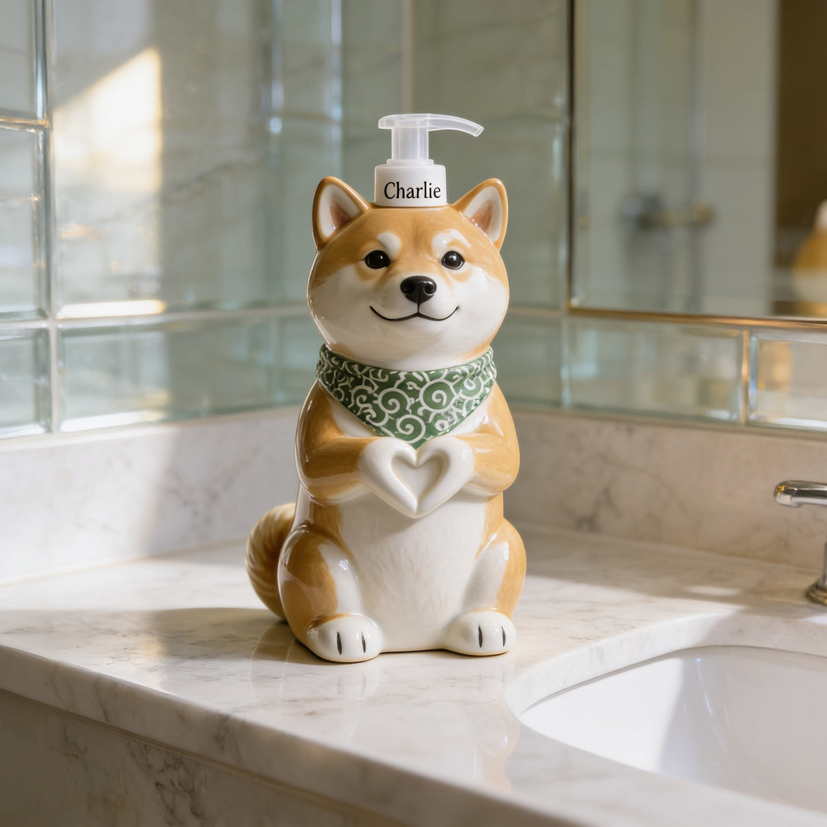 Personalized Tan and White Adult Shiba Inu Soap Dispenser Dog Lover Gift