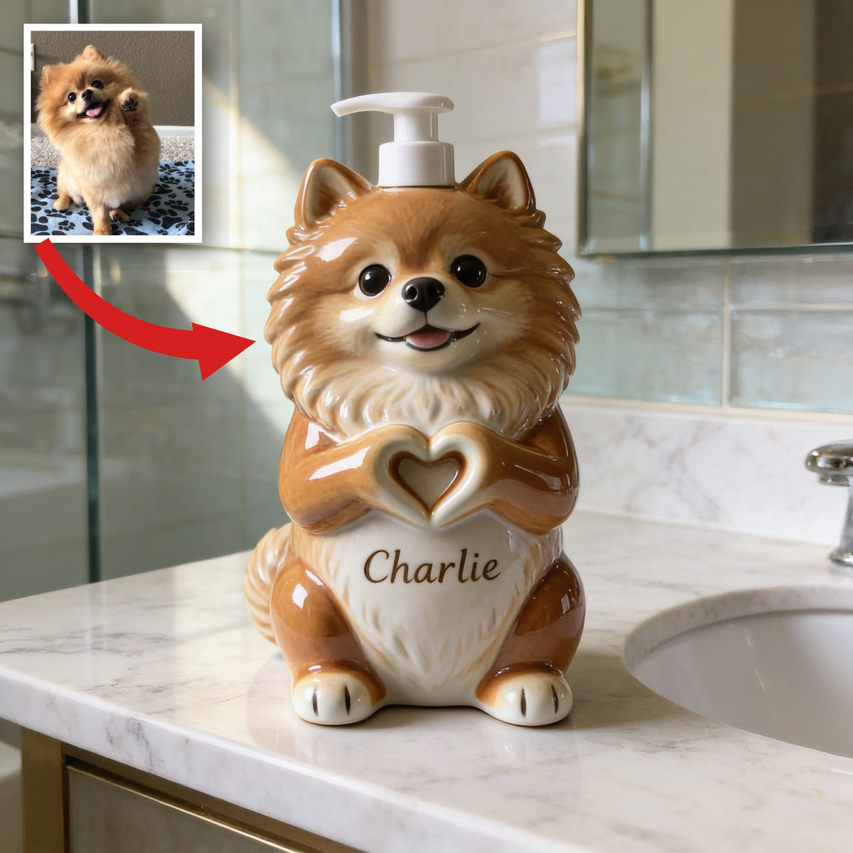 Personalized Fluffy Golden Tan Pomeranian Soap Dispenser Home Decor Gift