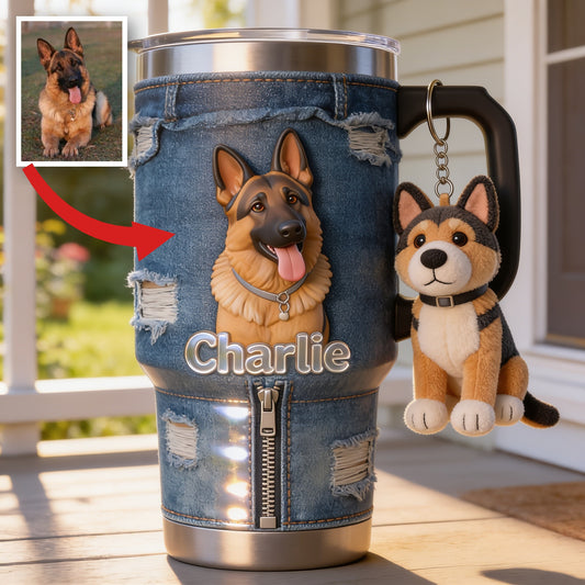 Personalized Black and Tan Adult German Shepherd Tumbler With Plush Charm Pet Owner Gift