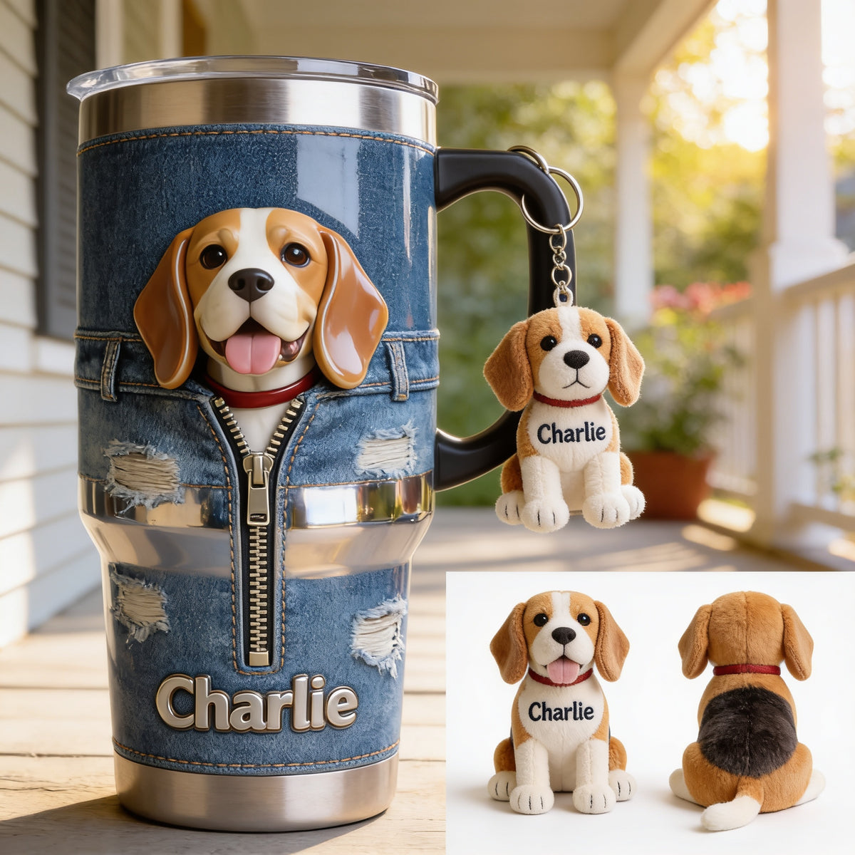 Personalized Adult Tricolor Beagle Tumbler With Plush Charm Pet Lover Gift