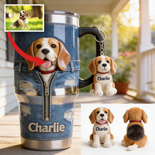 Personalized Adult Tricolor Beagle Tumbler With Plush Charm Pet Lover Gift