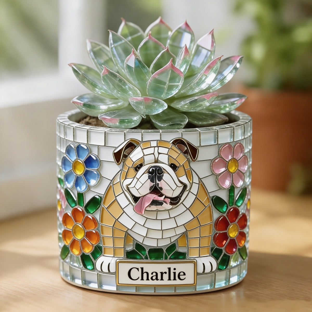 Personalized Fawn and White Adult Bulldog Ceramic Plant Pot Dog Lover Gift