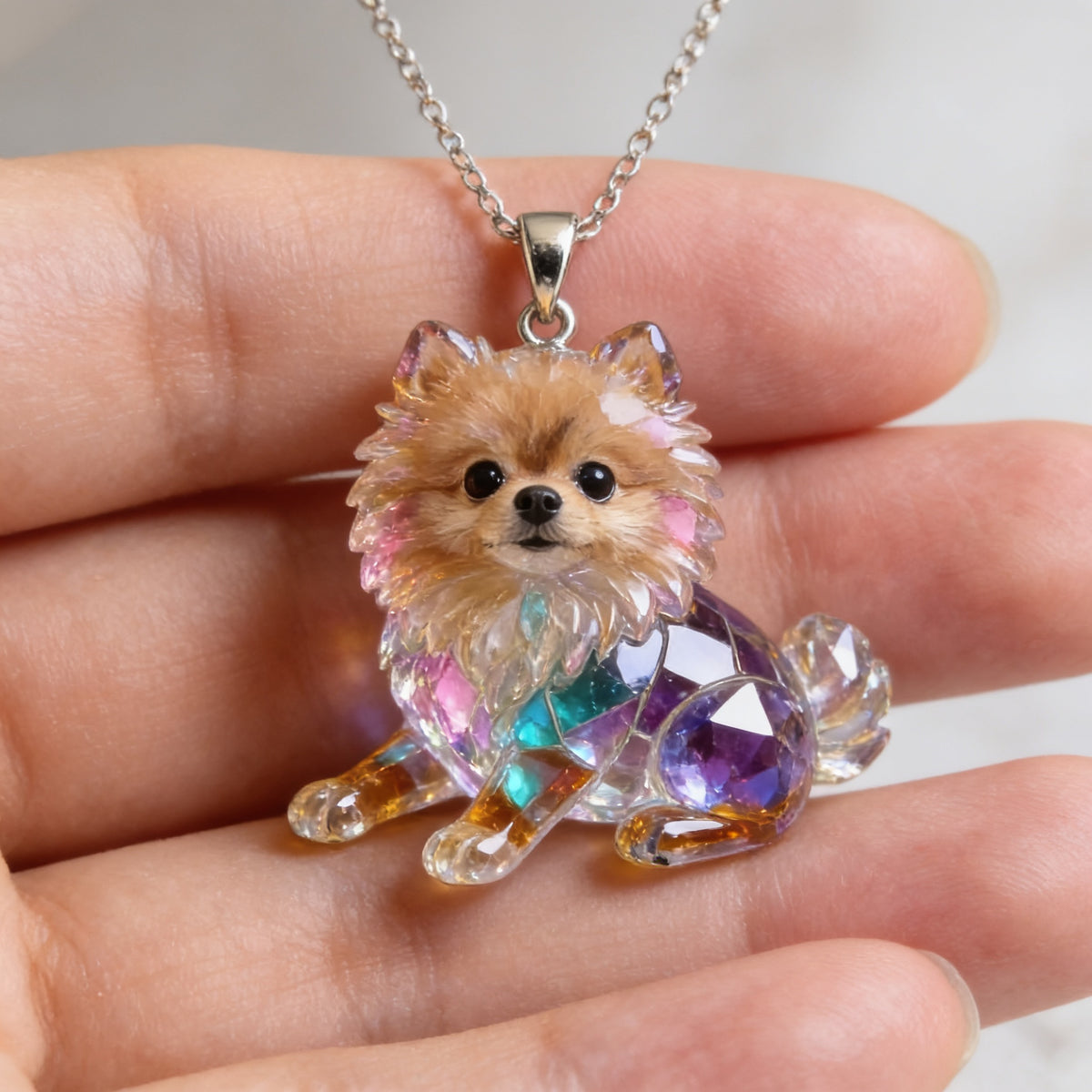 Custom Photo Fluffy Golden Tan Pomeranian Shaped Acrylic Pendant Necklace