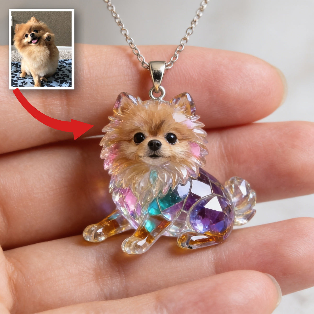 Custom Photo Fluffy Golden Tan Pomeranian Shaped Acrylic Pendant Necklace