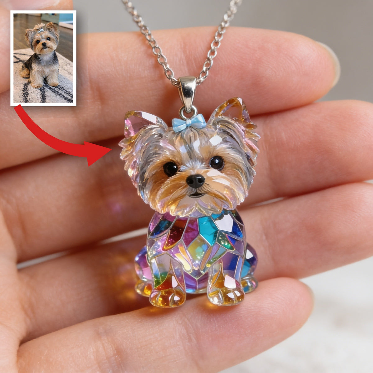 Custom Photo Long Coat Yorkshire Terrier Acrylic Pendant Necklace Dog Jewelry