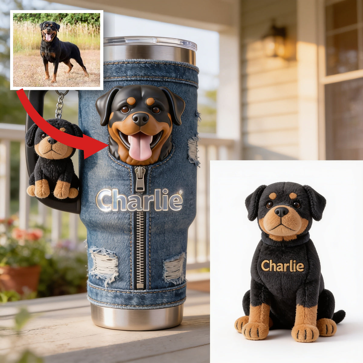 Personalized Black and Tan Rottweiler Tumbler With Plush Charm Dog Lover Gift