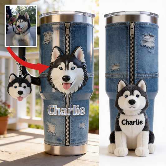 Personalized Siberian Husky Tumbler with Plush Charm Dog Lover Gift