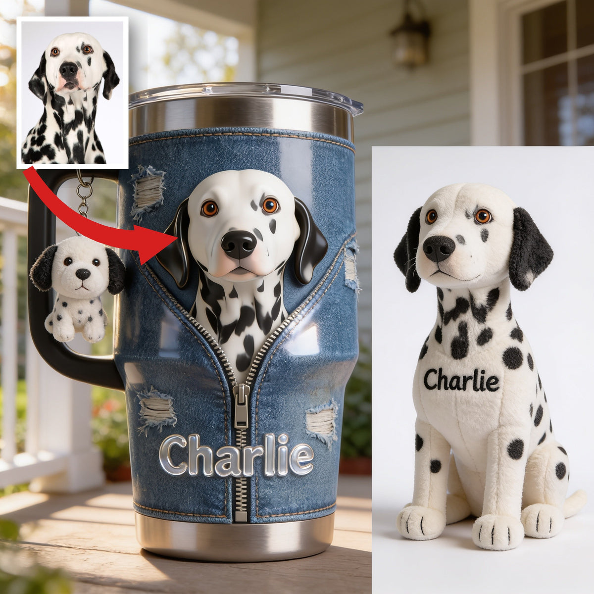 Personalized Dalmatian Tumbler with Plush Charm, Pet Owner Gift