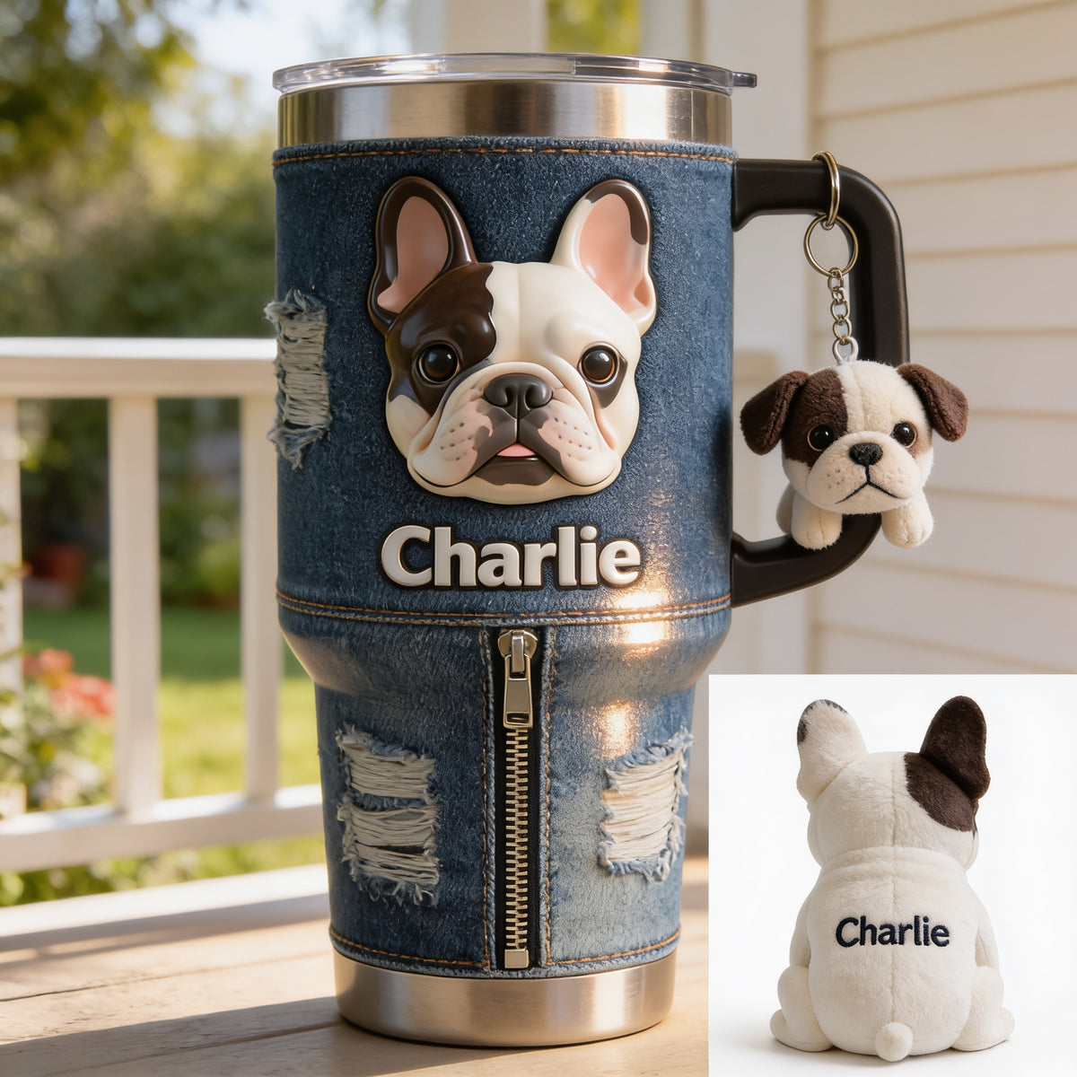 Personalized Black and White French Bulldog Tumbler with Plush Charm