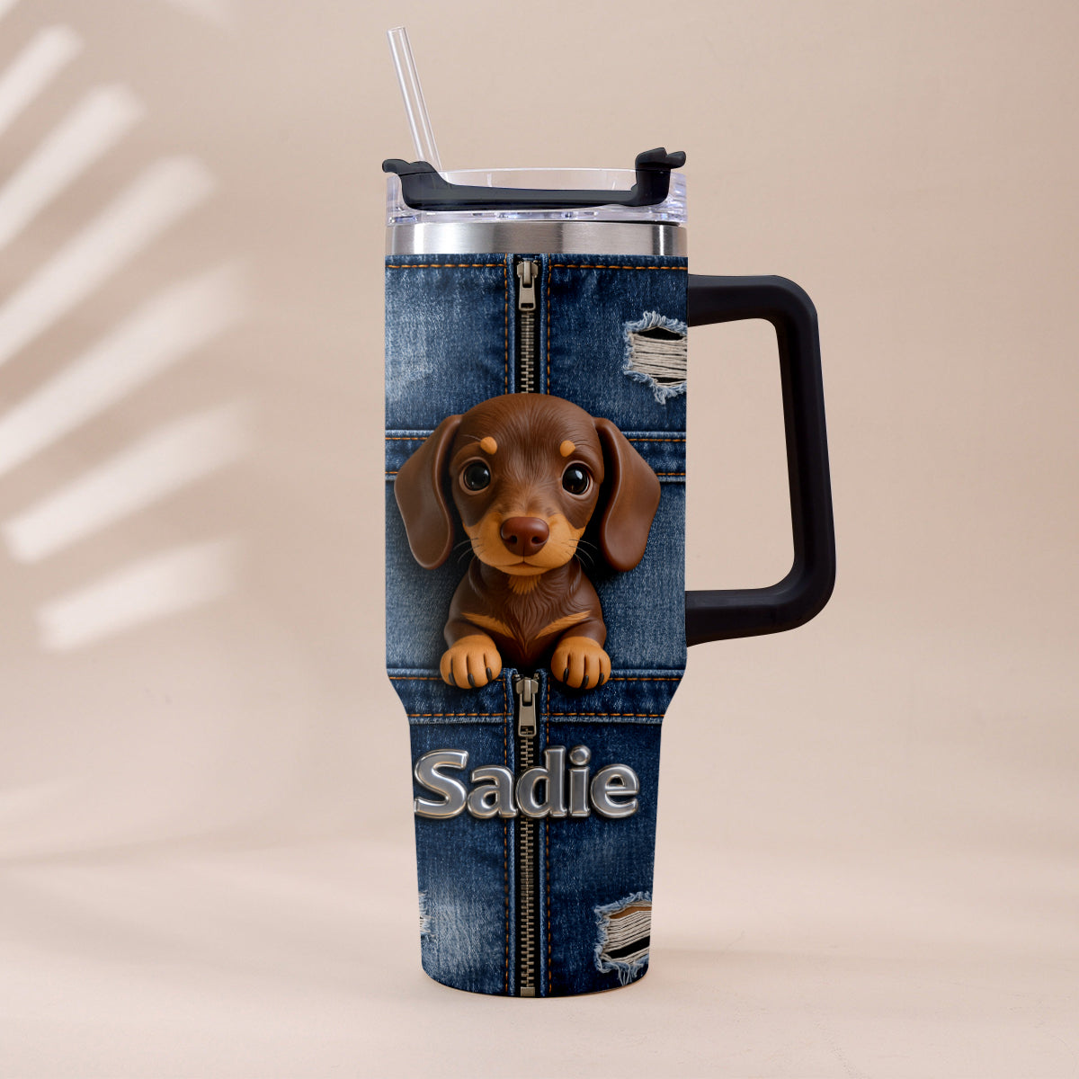 Personalized Black and Tan Rottweiler Tumbler With Plush Charm Dog Lover Gift