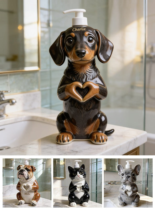 Personalized Black and Tan Dachshund Puppy Soap Dispenser Bathroom Gift