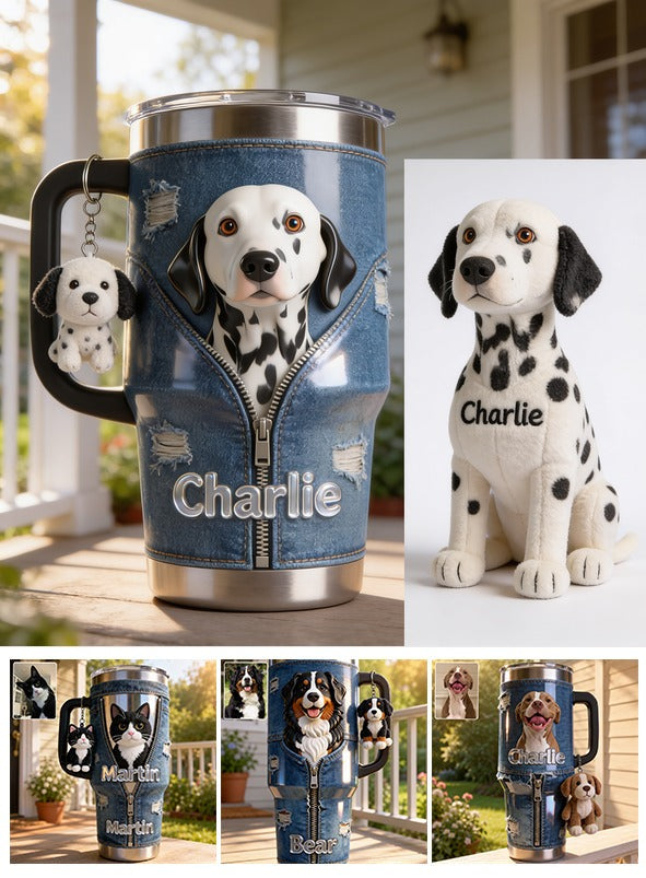 Personalized Dalmatian Tumbler with Plush Charm, Pet Owner Gift