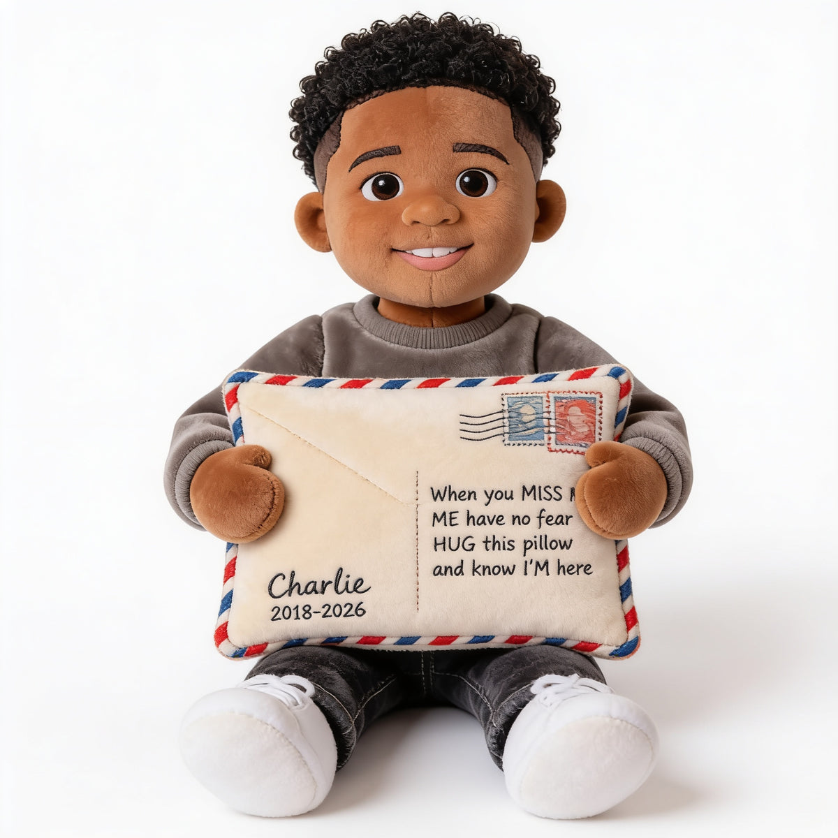 Personalized Black Little Boy Letter From Heaven Faux Fur Shaped Memorial Pillow