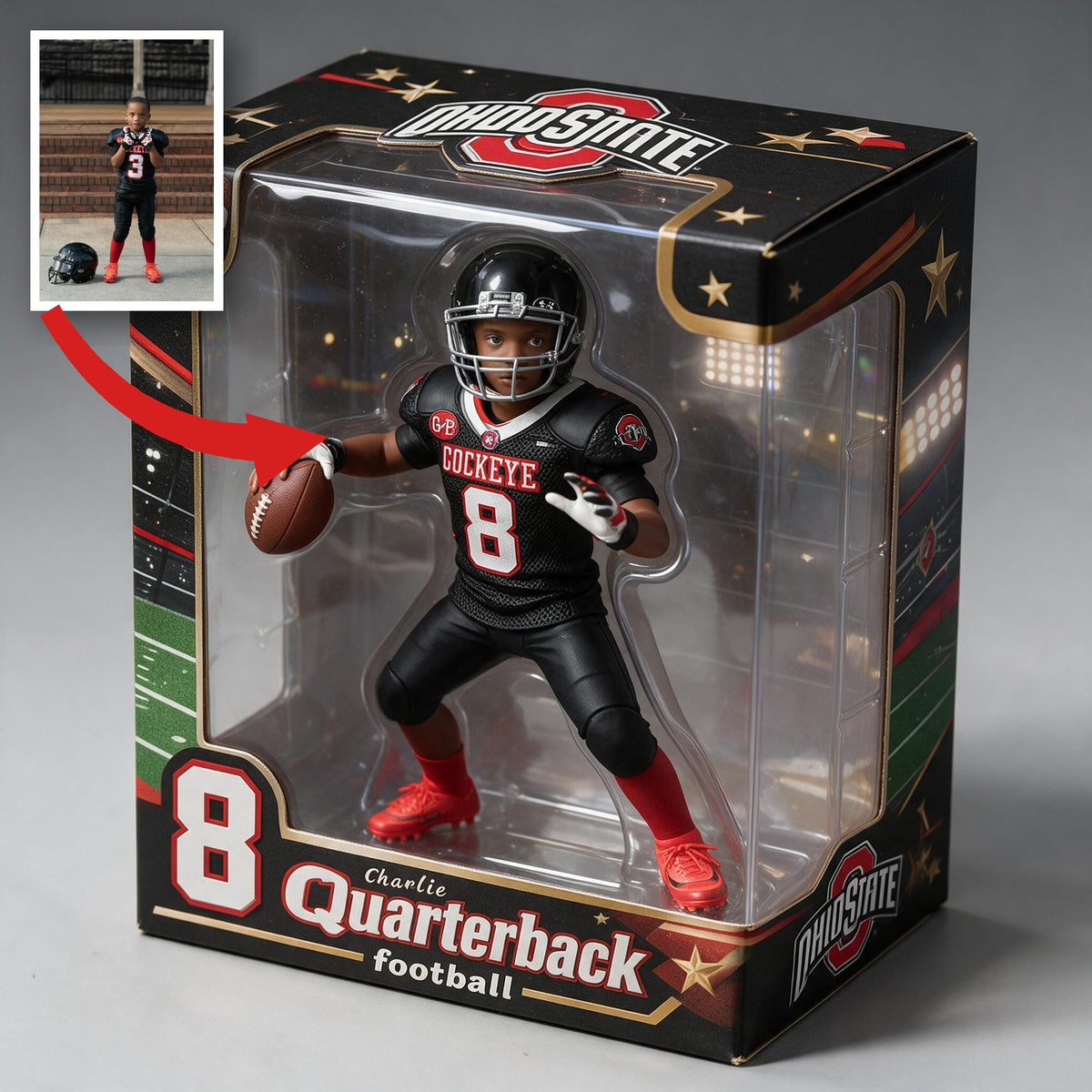Personalized Black Child Football Player 3D Acrylic Display Box Sports Keepsake