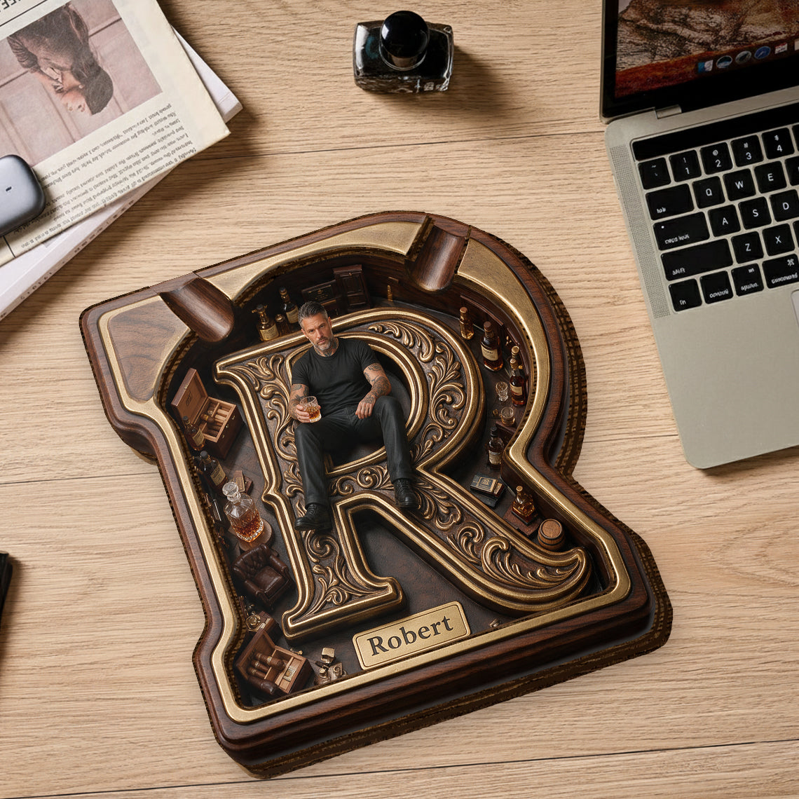 Custom Photo Middle-Aged Black Man Wooden Catch-All Tray, Dad Husband Gift