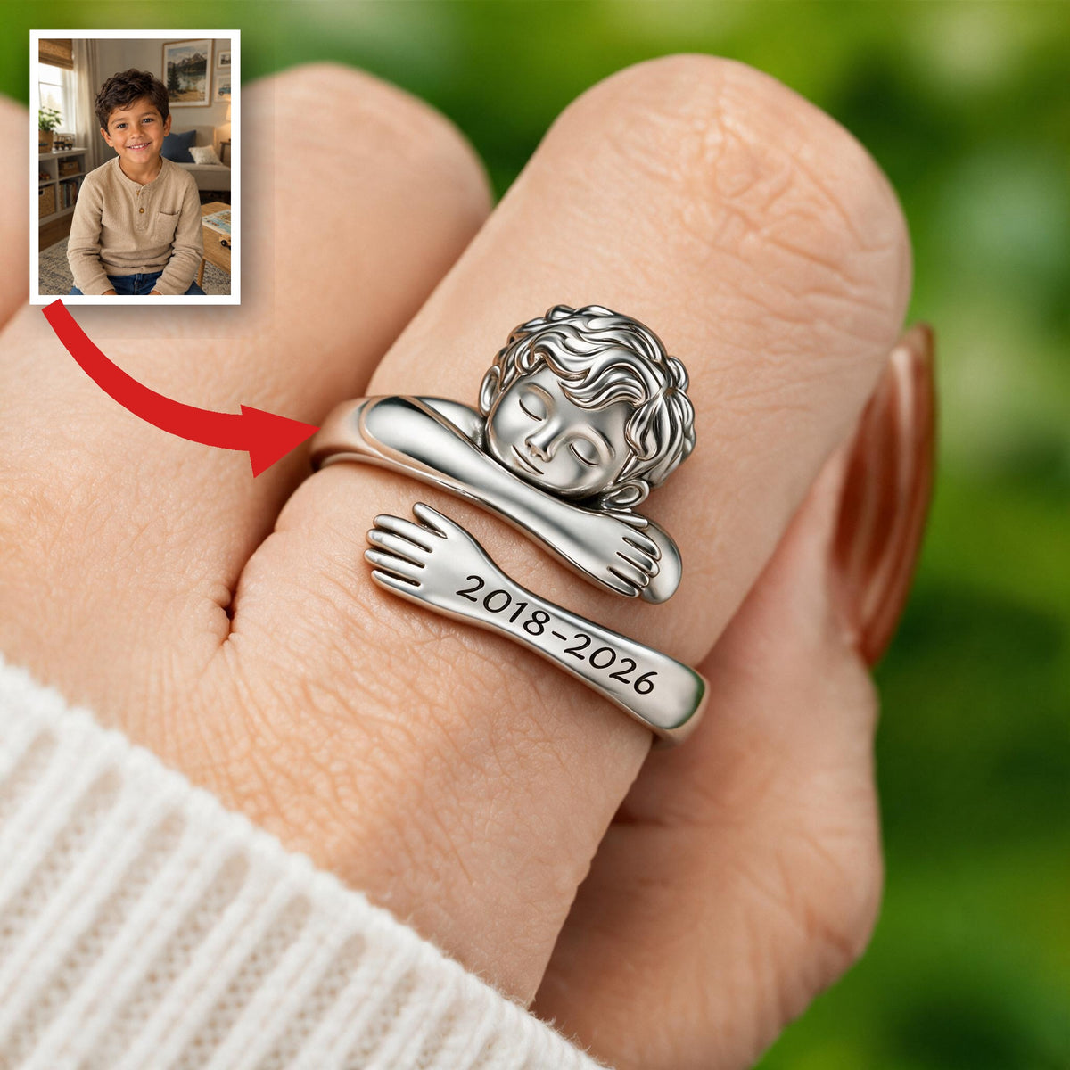 Personalized Latino Little Boy Hug Memorial Adjustable Ring