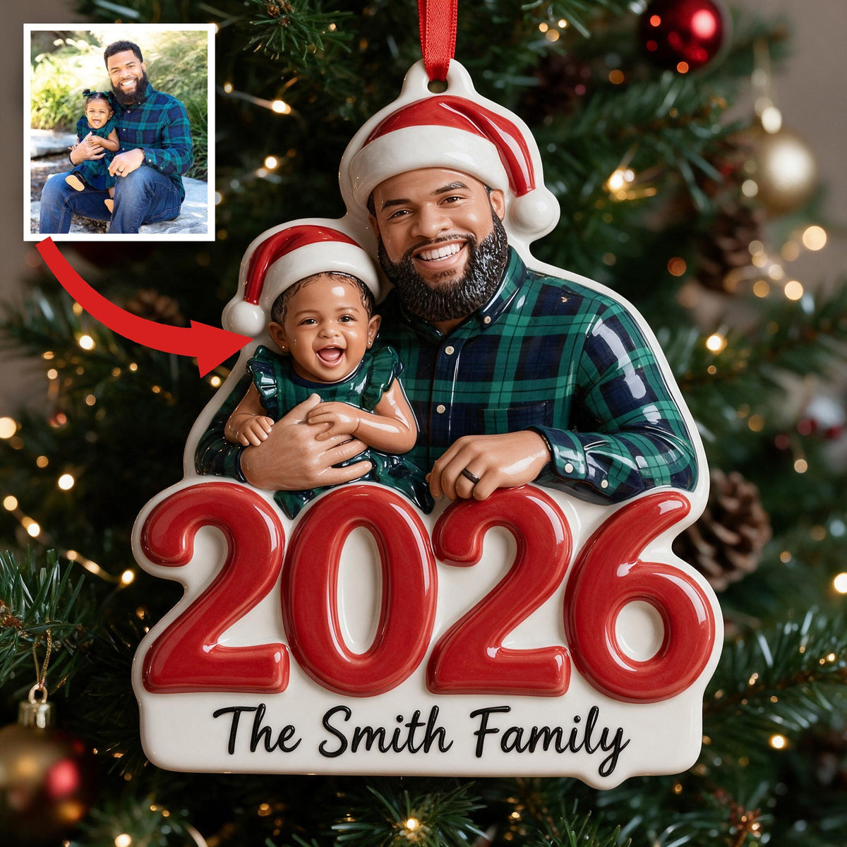 Custom Photo Christmas Black Single Dad Family 2026 3D Resin Ornament Keepsake