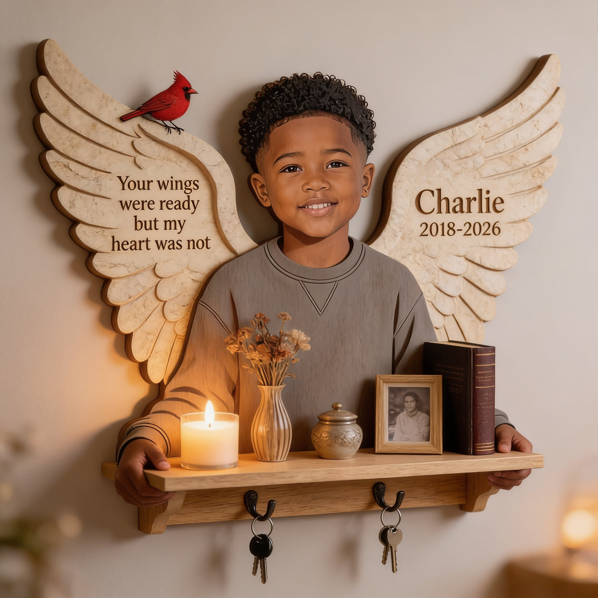 Personalized Black Little Boy 2018-2026 Memorial Wooden Floating Shelf