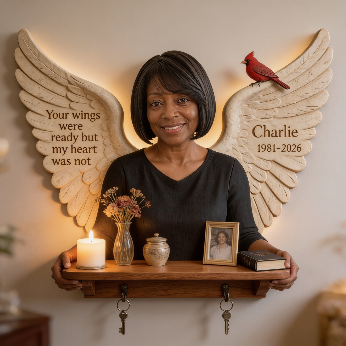 Personalized Middle-Aged Black Woman Memorial Wooden Floating Shelf