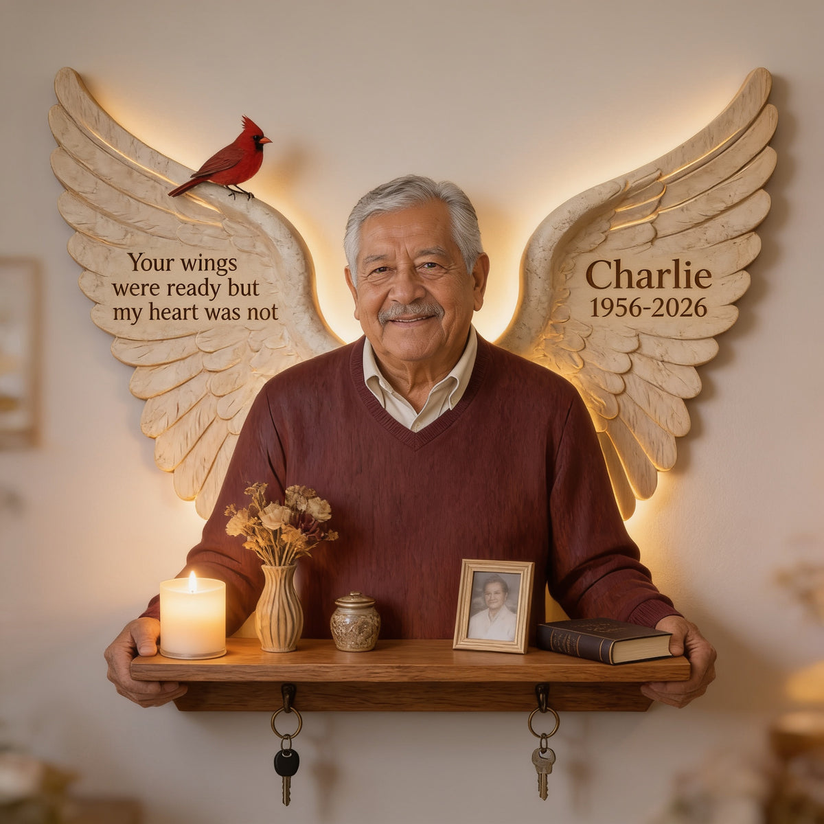 Personalized Older Latino Man Grandfather Memorial Wooden Floating Shelf 1956-2026