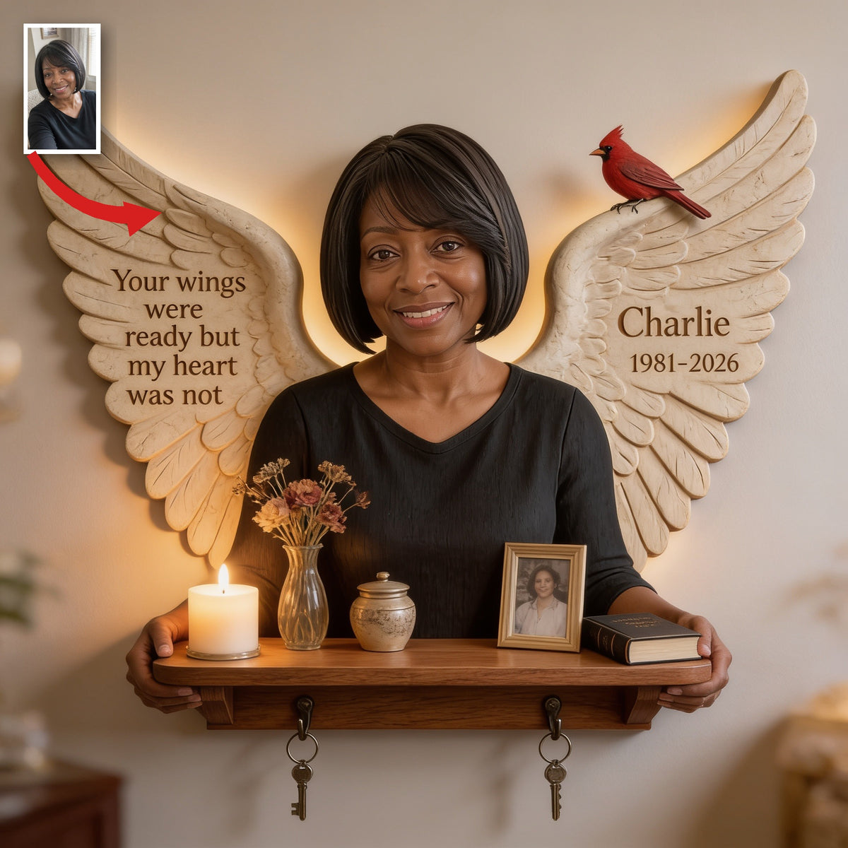 Personalized Middle-Aged Black Woman Memorial Wooden Floating Shelf