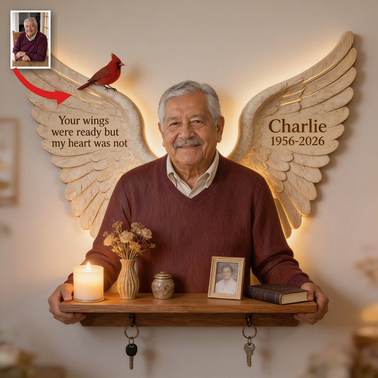 Personalized Older Latino Man Grandfather Memorial Wooden Floating Shelf 1956-2026