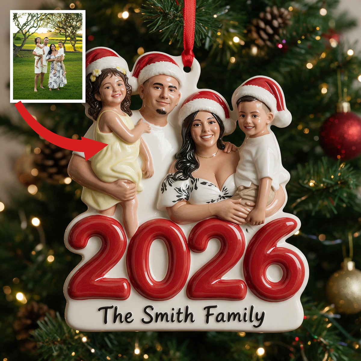 Custom Photo Christmas 2026 Latino Family of Four 3D Resin Ornament Keepsake
