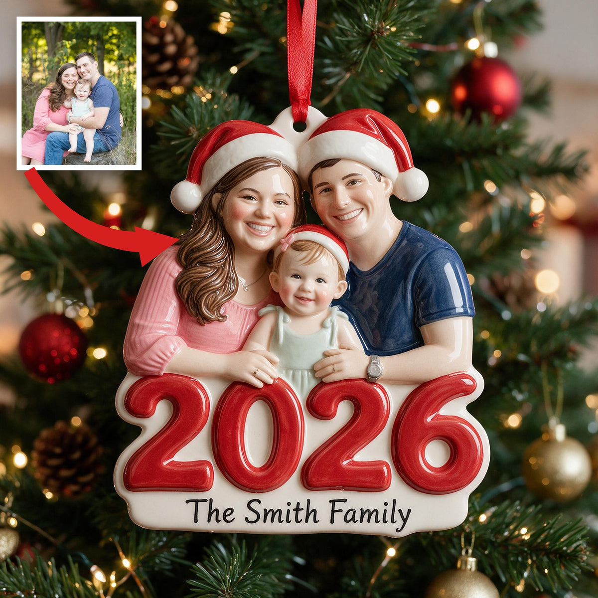 Custom Photo 2026 Family Of Three Premium 3D Christmas Ornament