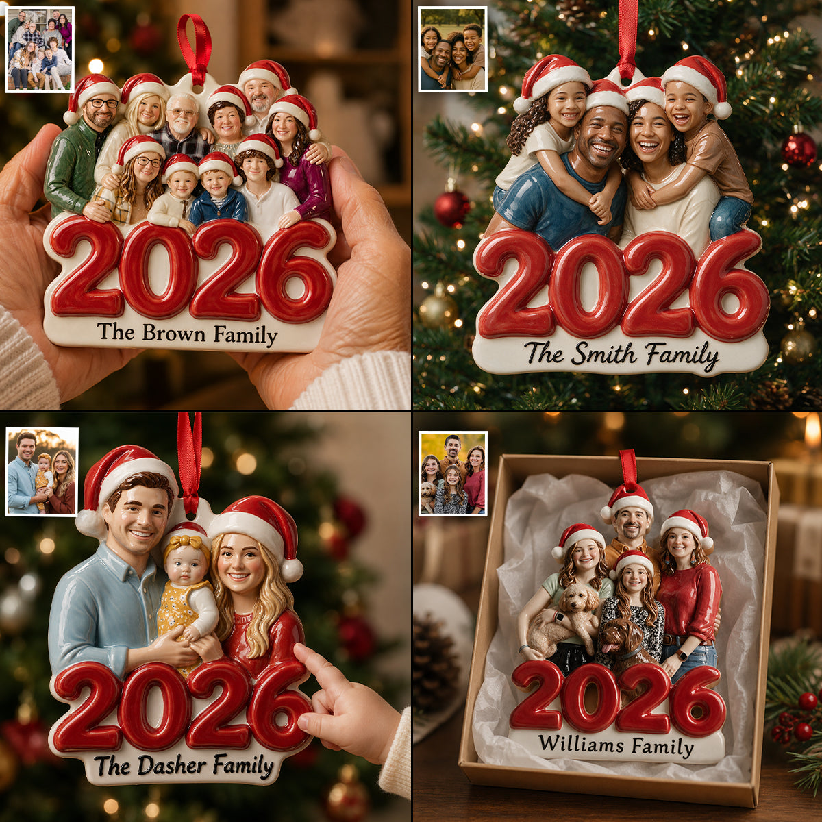 Custom Photo Christmas Family Of Four 2026 Premium 3D Resin Ornament
