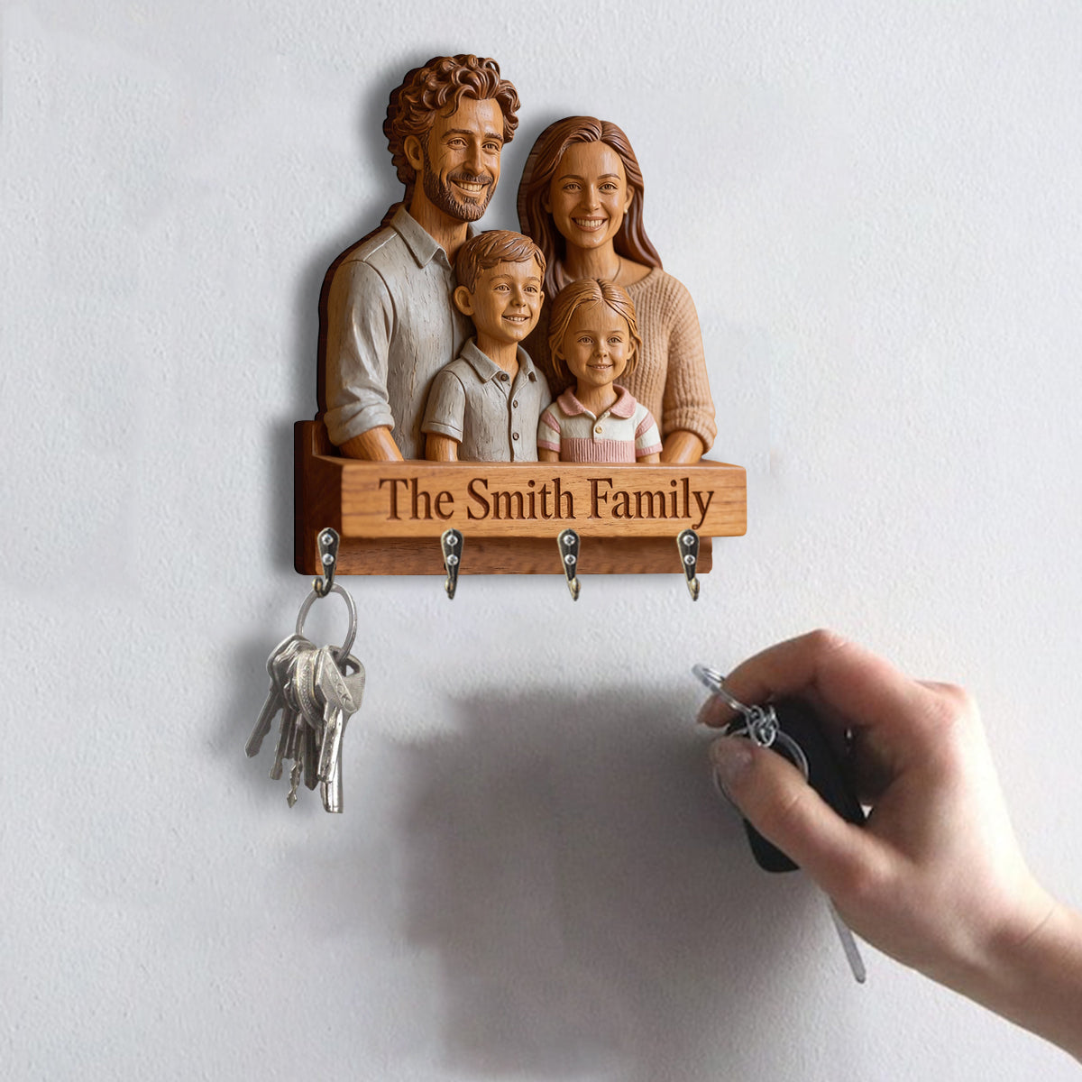 Personalized Latino Family of Four Wood Key Hanging Rack Home Decor Gift