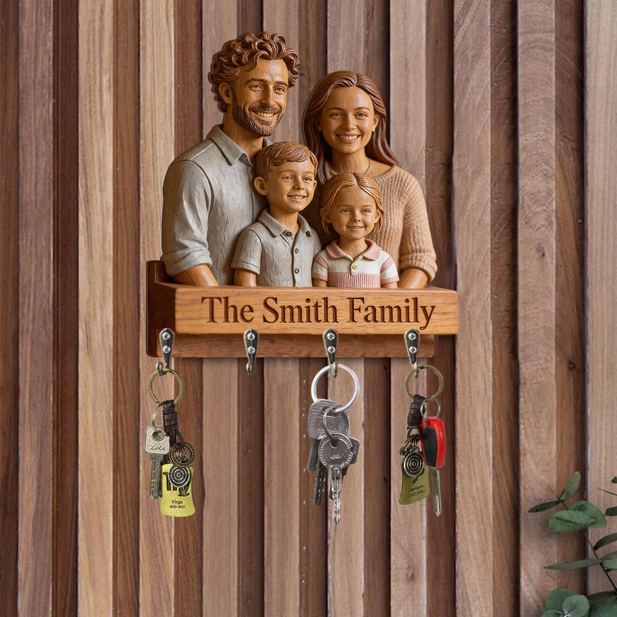 Personalized Black Family Of Three Wooden Hanging Key Rack Wall Decor Gift