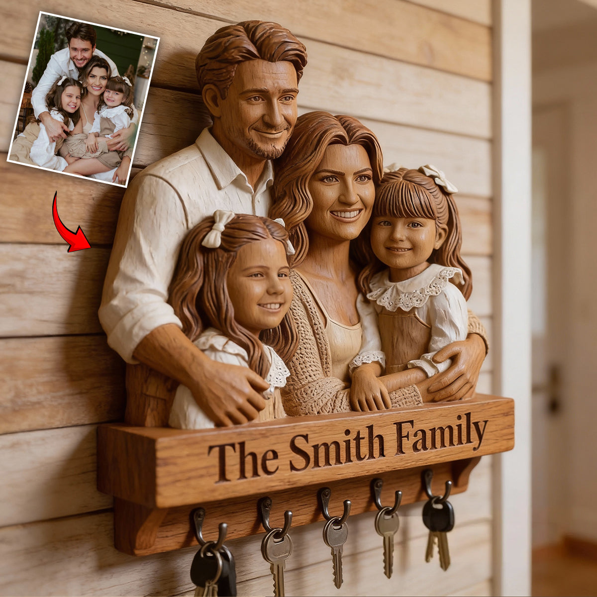 Personalized Big Family Custom Wooden Key Holder Rack Wall Decor