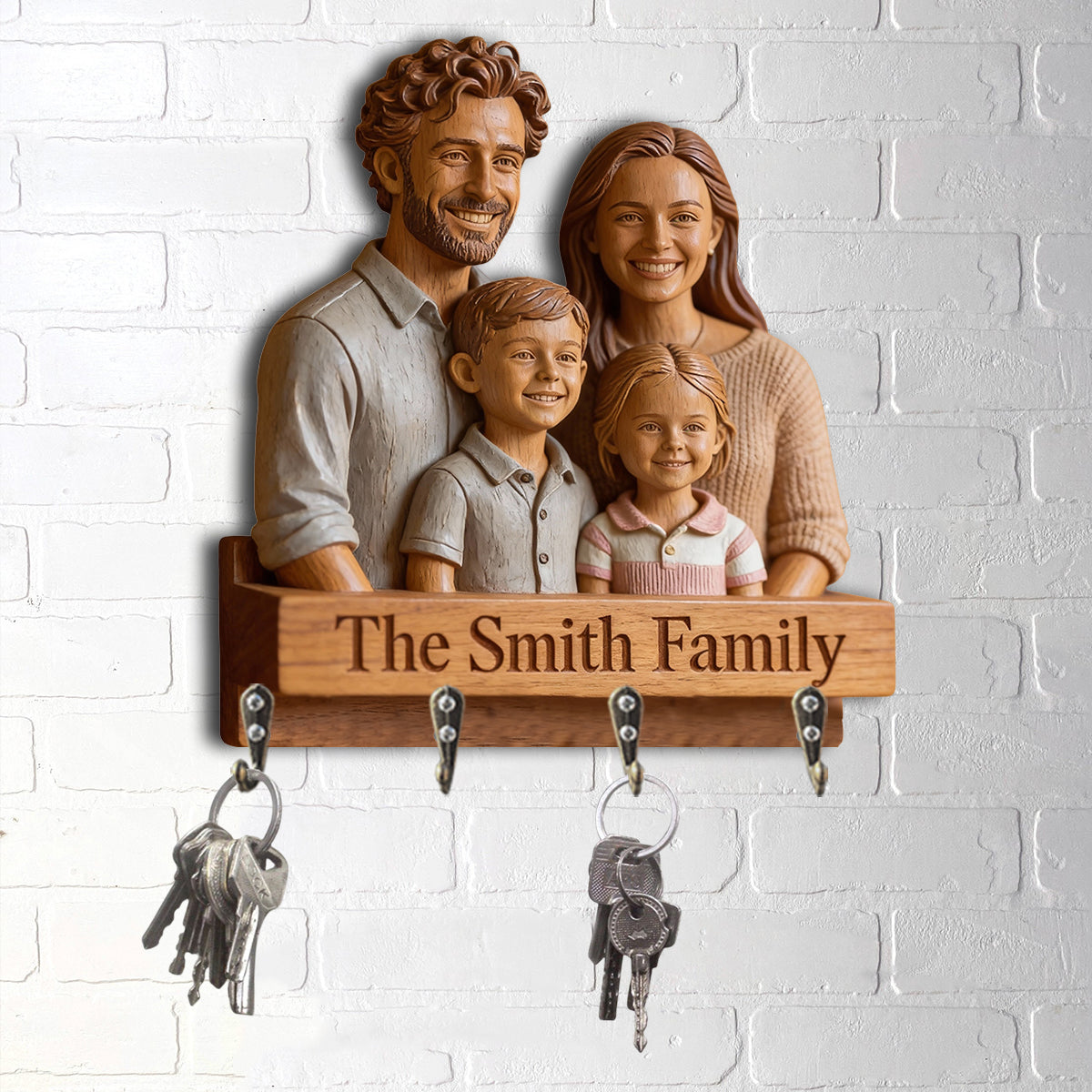 Personalized Black Family of Five Wooden Key Holder Hanging Rack Entryway Decor