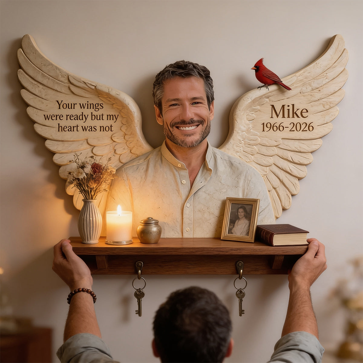 Personalized Middle-Aged Latino Man Memorial Wooden Floating Shelf, Dad Husband Remembrance Gift