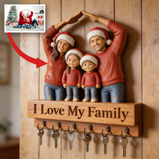 Personalized Christmas Family of Four Wooden Hanging Key Rack Gift