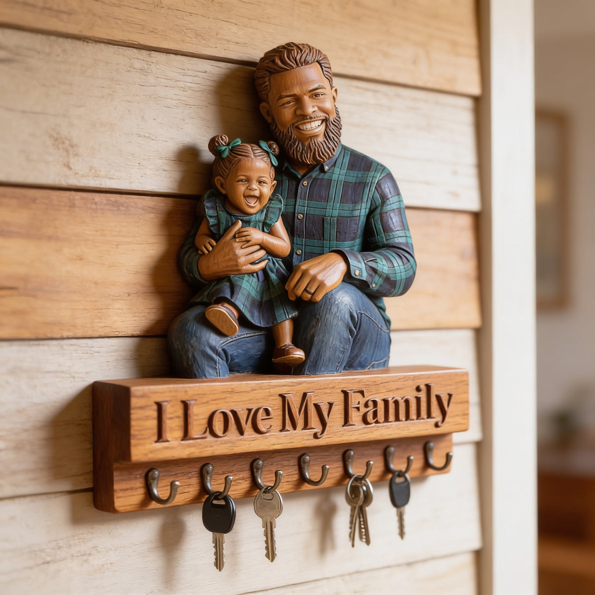 Personalized Black Single Dad Family Wooden Hanging Key Rack Home Decor Gift