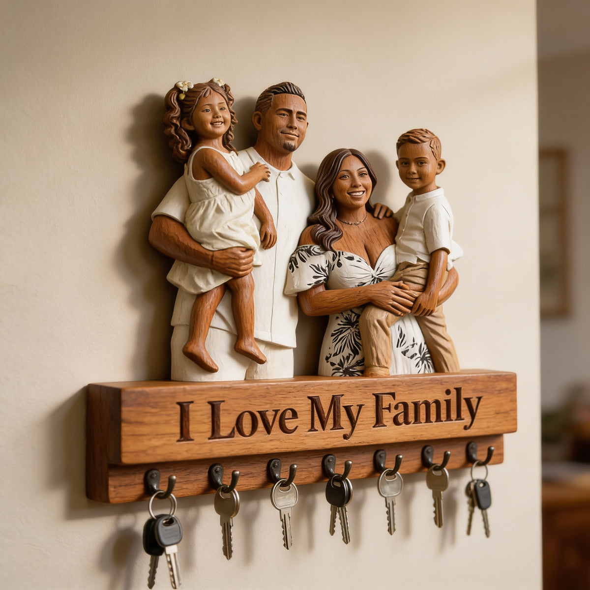 Personalized Latino Family of Four Wood Key Hanging Rack Home Decor Gift