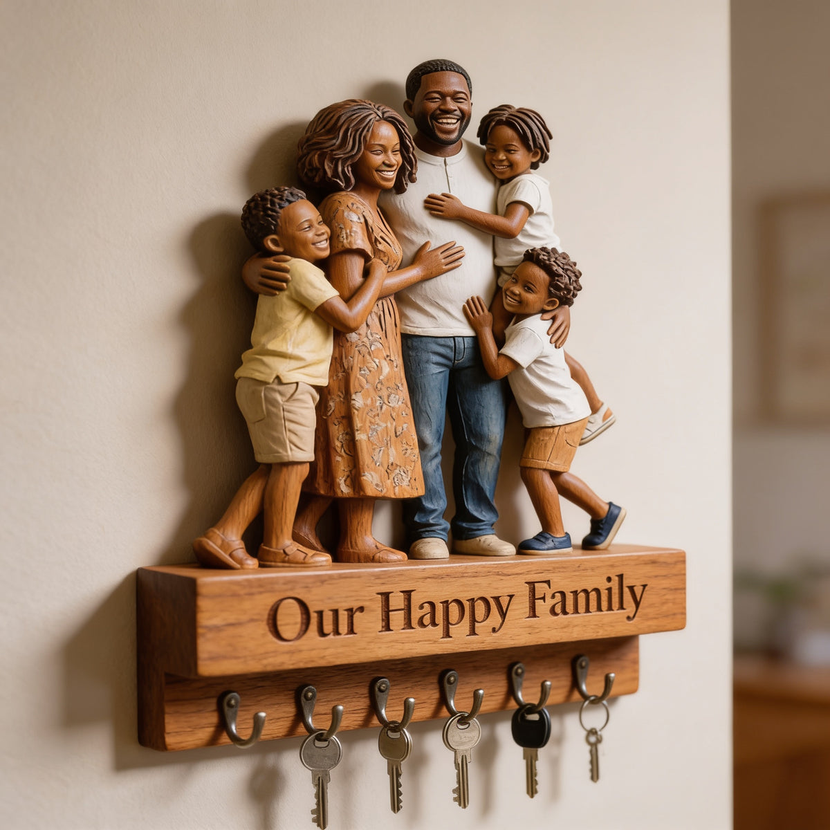 Personalized Black Family of Five Wooden Key Holder Hanging Rack Entryway Decor