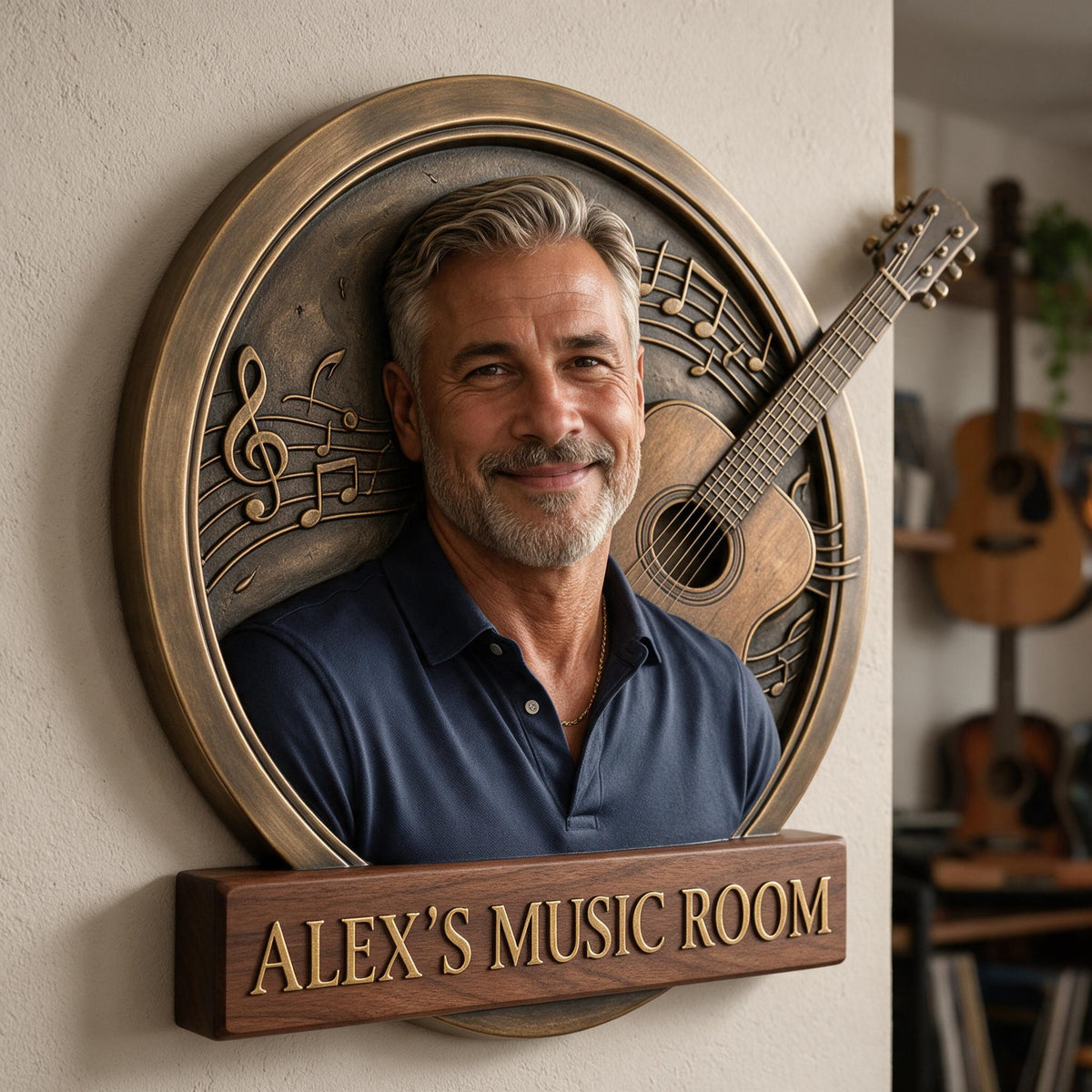 Custom Photo Middle-Aged Man 3D Cut Metal Sign Music Room Decor Gift for Dad Husband